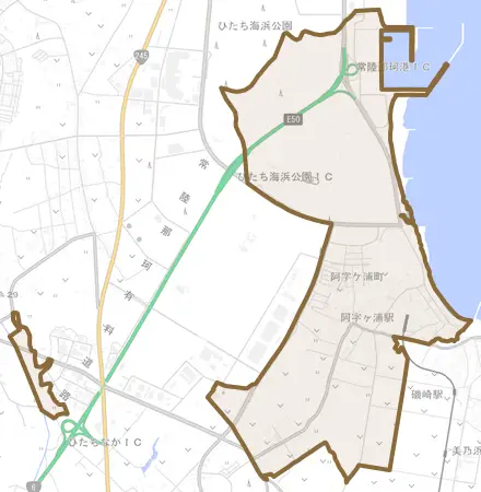 阿字ケ浦町とその周辺の地図。町の範囲を重ねている