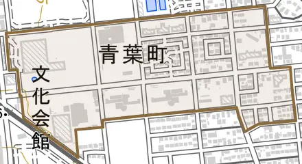 青葉町とその周辺の地図。町の範囲を重ねている