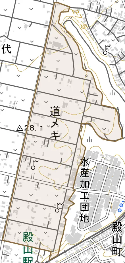 道メキとその周辺の地図。町の範囲を重ねている