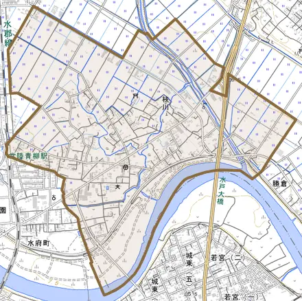 大字枝川とその周辺の地図。町の範囲を重ねている