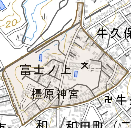 富士ノ上とその周辺の地図。町の範囲を重ねている