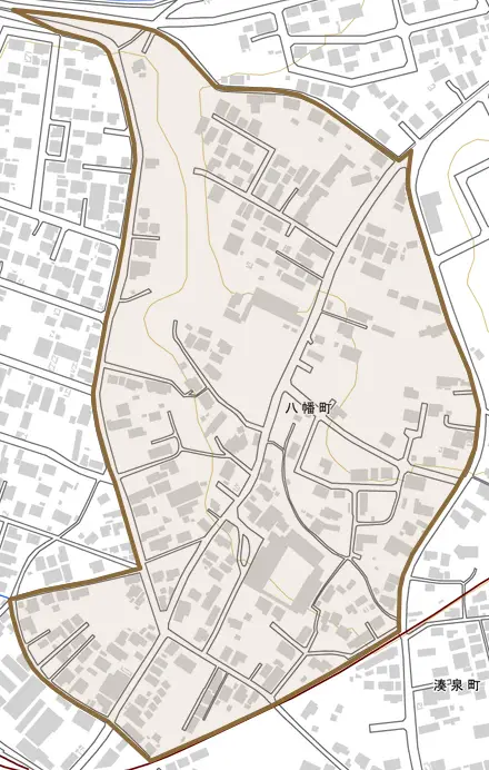 八幡町とその周辺の地図。町の範囲を重ねている