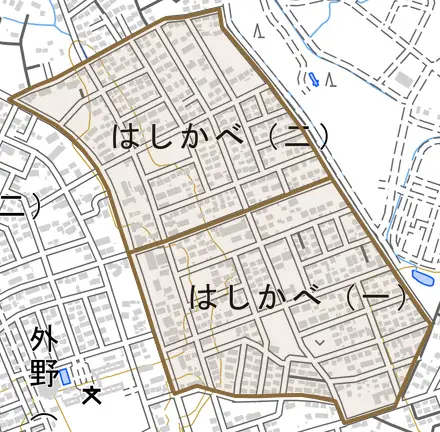はしかべとその周辺の地図。町の範囲を重ねている