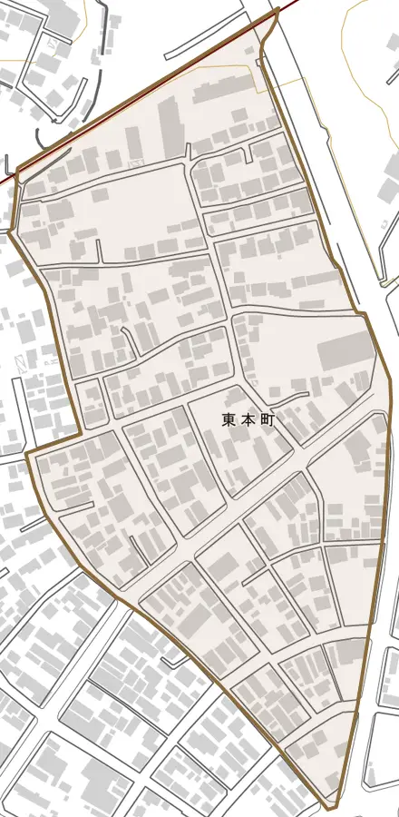 東本町とその周辺の地図。町の範囲を重ねている