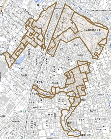 大字東石川とその周辺の地図。町の範囲を重ねている
