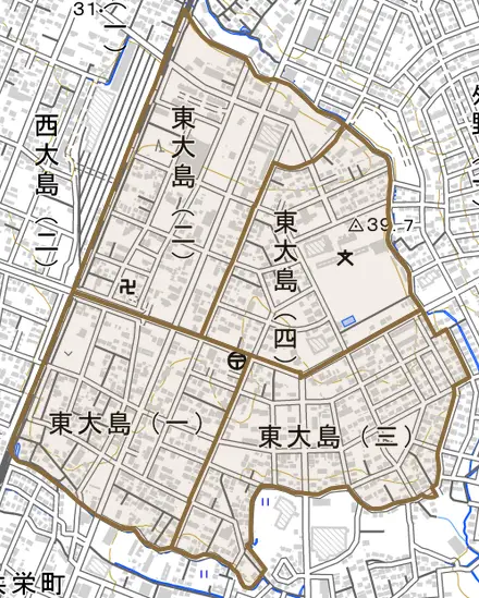 東大島とその周辺の地図。町の範囲を重ねている