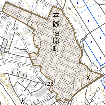 平磯遠原町とその周辺の地図。町の範囲を重ねている