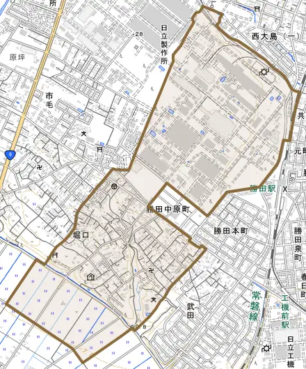 大字堀口とその周辺の地図。町の範囲を重ねている