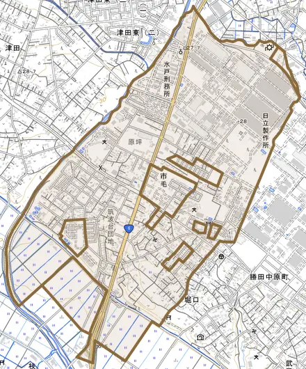 大字市毛とその周辺の地図。町の範囲を重ねている