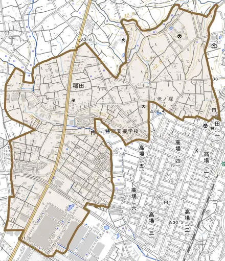 大字稲田とその周辺の地図。町の範囲を重ねている