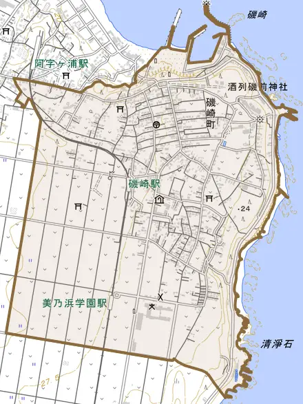 磯崎町とその周辺の地図。町の範囲を重ねている