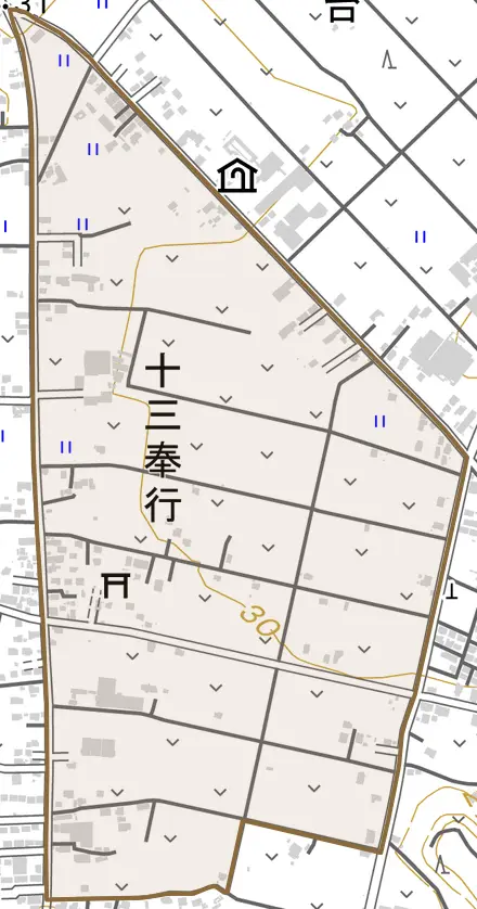 十三奉行とその周辺の地図。町の範囲を重ねている