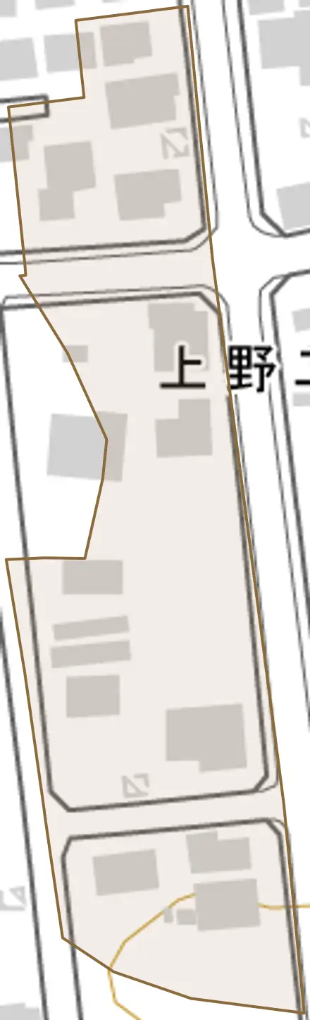 上野とその周辺の地図。町の範囲を重ねている