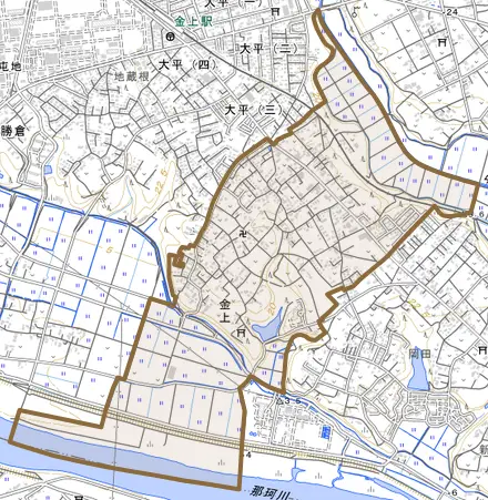 大字金上とその周辺の地図。町の範囲を重ねている