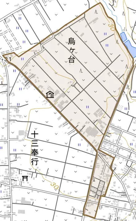 烏ケ台とその周辺の地図。町の範囲を重ねている