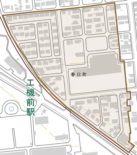 春日町とその周辺の地図。町の範囲を重ねている