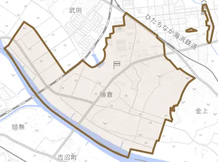 大字勝倉とその周辺の地図。町の範囲を重ねている