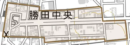 勝田中央とその周辺の地図。町の範囲を重ねている