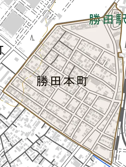 勝田本町とその周辺の地図。町の範囲を重ねている