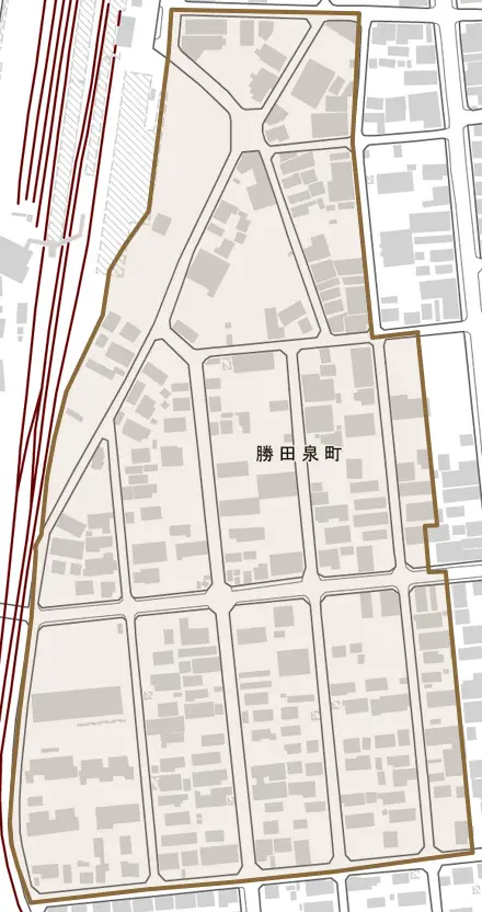 勝田泉町とその周辺の地図。町の範囲を重ねている