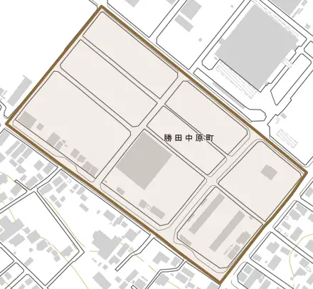 勝田中原町とその周辺の地図。町の範囲を重ねている