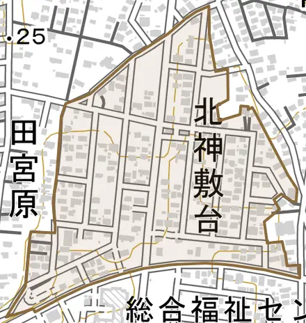 北神敷台とその周辺の地図。町の範囲を重ねている