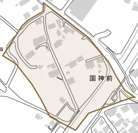 国神前とその周辺の地図。町の範囲を重ねている