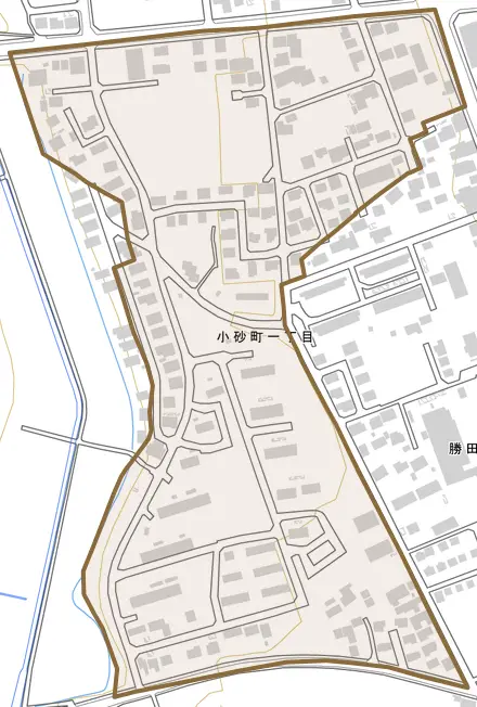 小砂町とその周辺の地図。町の範囲を重ねている