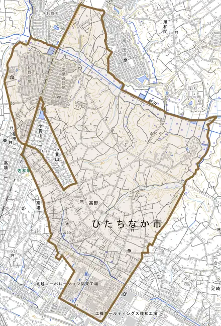 大字高野とその周辺の地図。町の範囲を重ねている