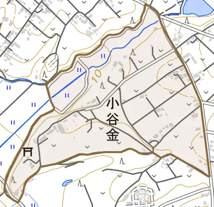 小谷金とその周辺の地図。町の範囲を重ねている
