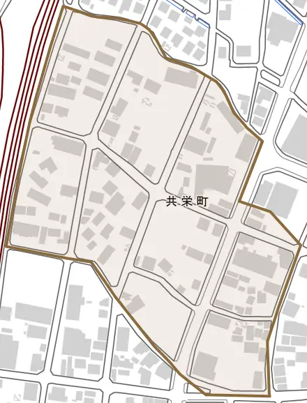 共栄町とその周辺の地図。町の範囲を重ねている