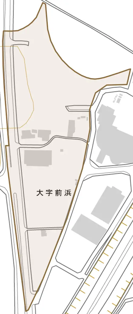 大字前浜とその周辺の地図。町の範囲を重ねている