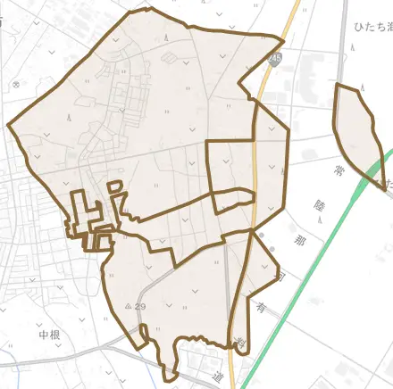 大字馬渡とその周辺の地図。町の範囲を重ねている