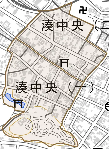 湊中央とその周辺の地図。町の範囲を重ねている