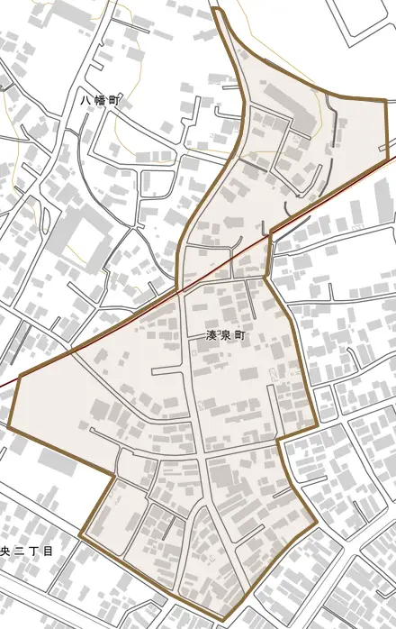湊泉町とその周辺の地図。町の範囲を重ねている