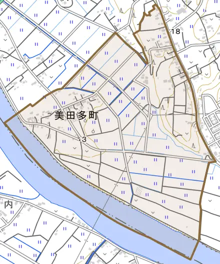 美田多町とその周辺の地図。町の範囲を重ねている