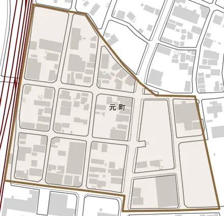 元町とその周辺の地図。町の範囲を重ねている