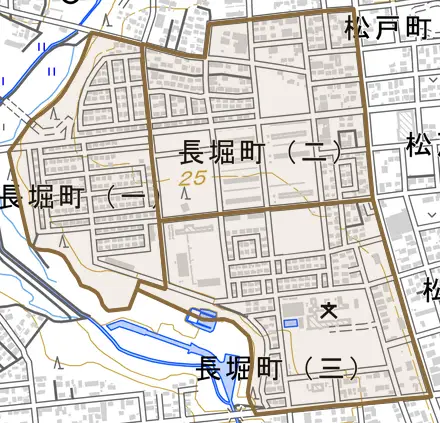 長堀町とその周辺の地図。町の範囲を重ねている