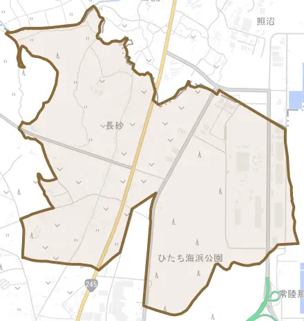大字長砂とその周辺の地図。町の範囲を重ねている