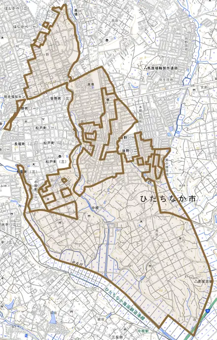大字中根とその周辺の地図。町の範囲を重ねている