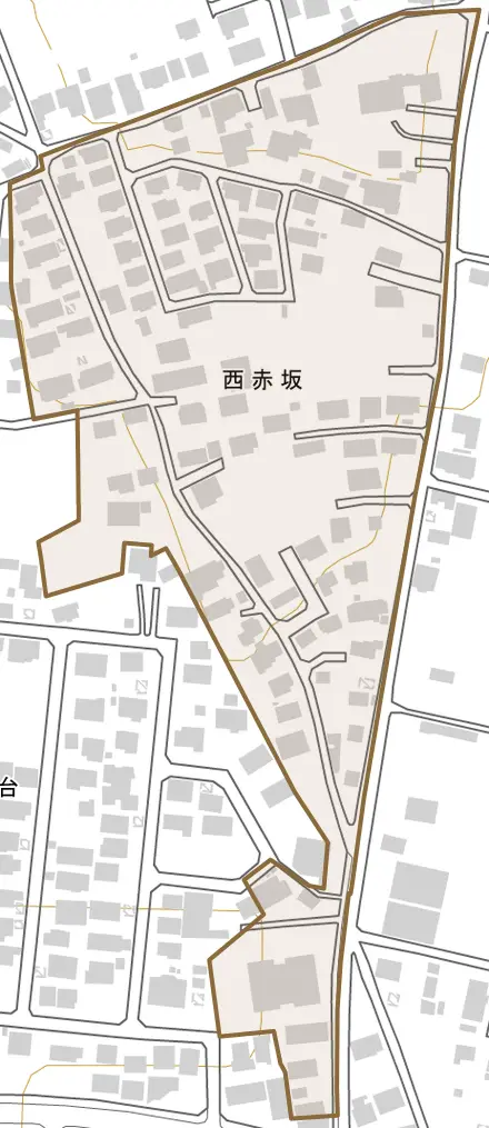 西赤坂とその周辺の地図。町の範囲を重ねている