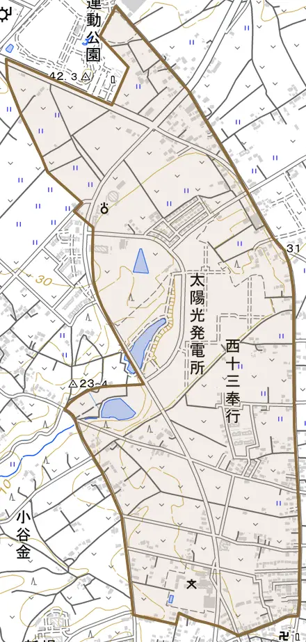 西十三奉行とその周辺の地図。町の範囲を重ねている