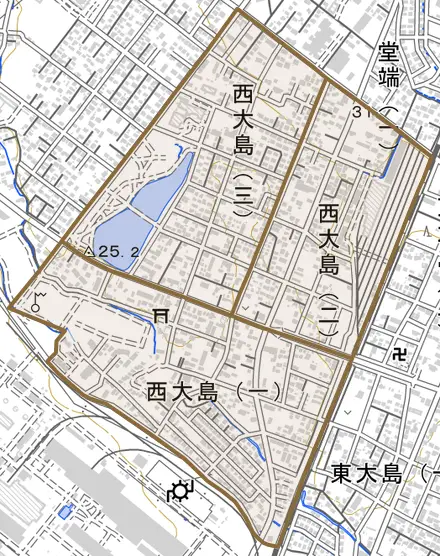 西大島とその周辺の地図。町の範囲を重ねている