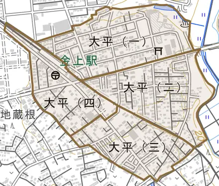 大平とその周辺の地図。町の範囲を重ねている