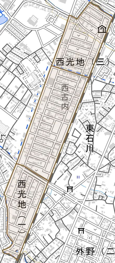 西光地とその周辺の地図。町の範囲を重ねている