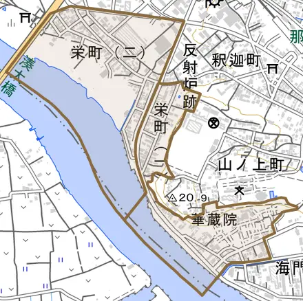 栄町とその周辺の地図。町の範囲を重ねている