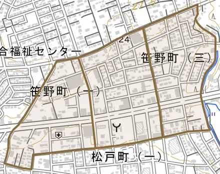 笹野町とその周辺の地図。町の範囲を重ねている