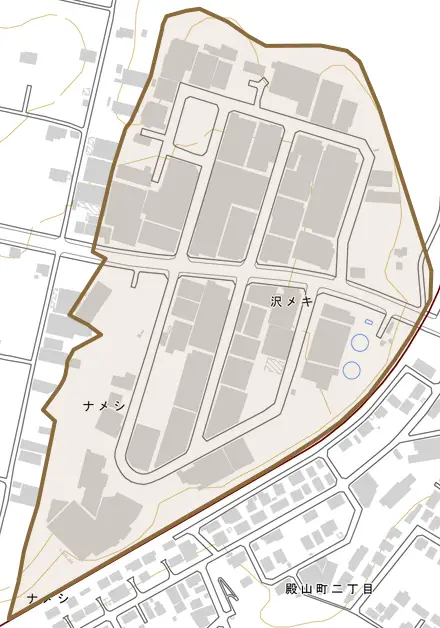 沢メキとその周辺の地図。町の範囲を重ねている