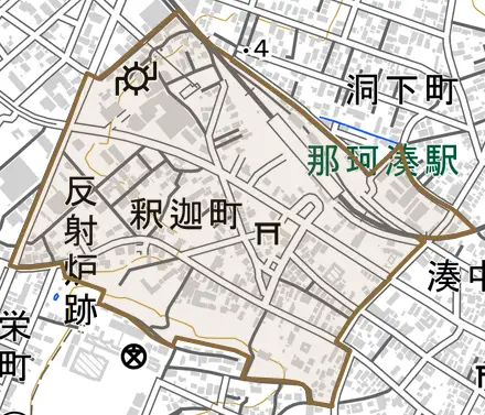 釈迦町とその周辺の地図。町の範囲を重ねている