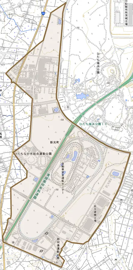 新光町とその周辺の地図。町の範囲を重ねている